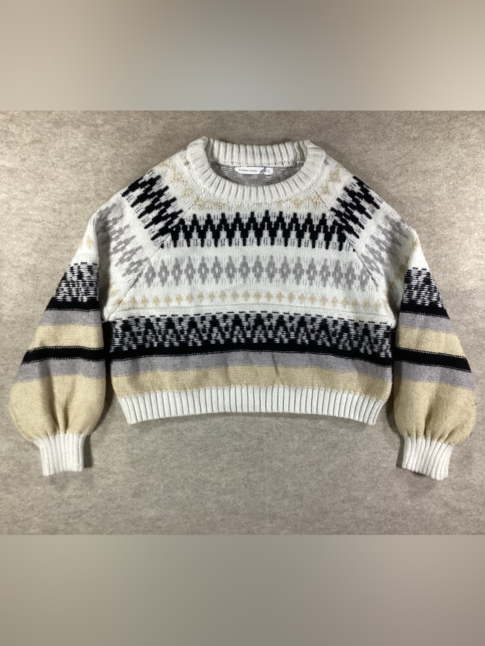 Altar'd State Fair Isle Cropped Crewneck Sweater in Cream, Black, Gray, Tan